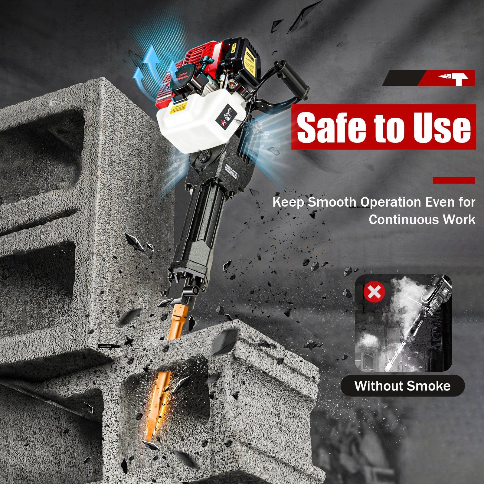 52CC 2-Stroke 1900W Gasoline Demolition Jack Hammer 20-55J Impact Concrete Breaker Rock Drill with Point Flat Chisel