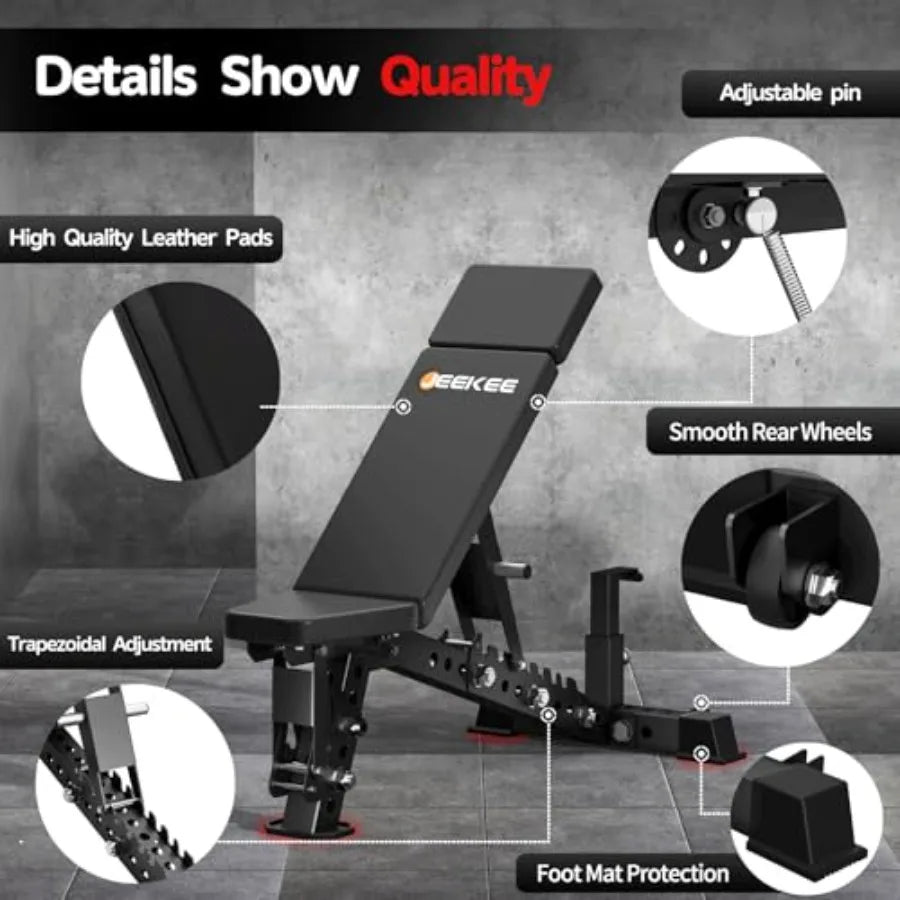 Adjustable Weight Bench With Headrest,1500LBS Workout Bench For Full Body,3"X3" Weight Benches For Home Gym,Gym Bench With Wheel