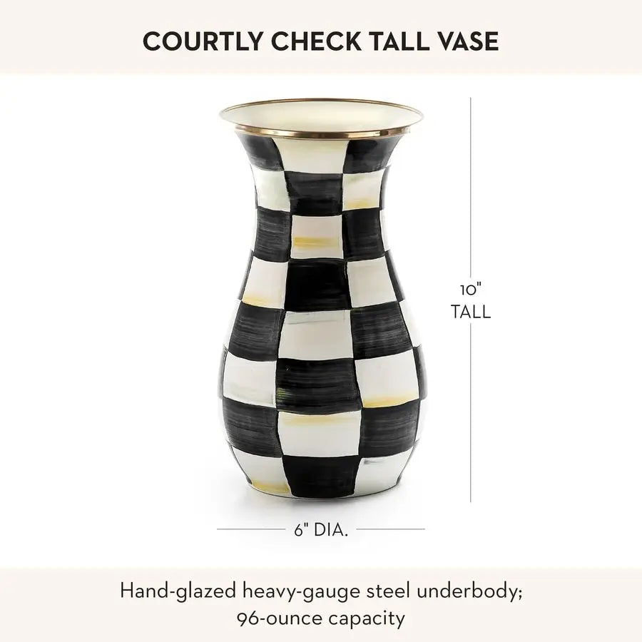 Tall Enamel Vase, Unique Flower Vase, Decorative Table Decor for Living Room, BlackandWhite Courtly Check