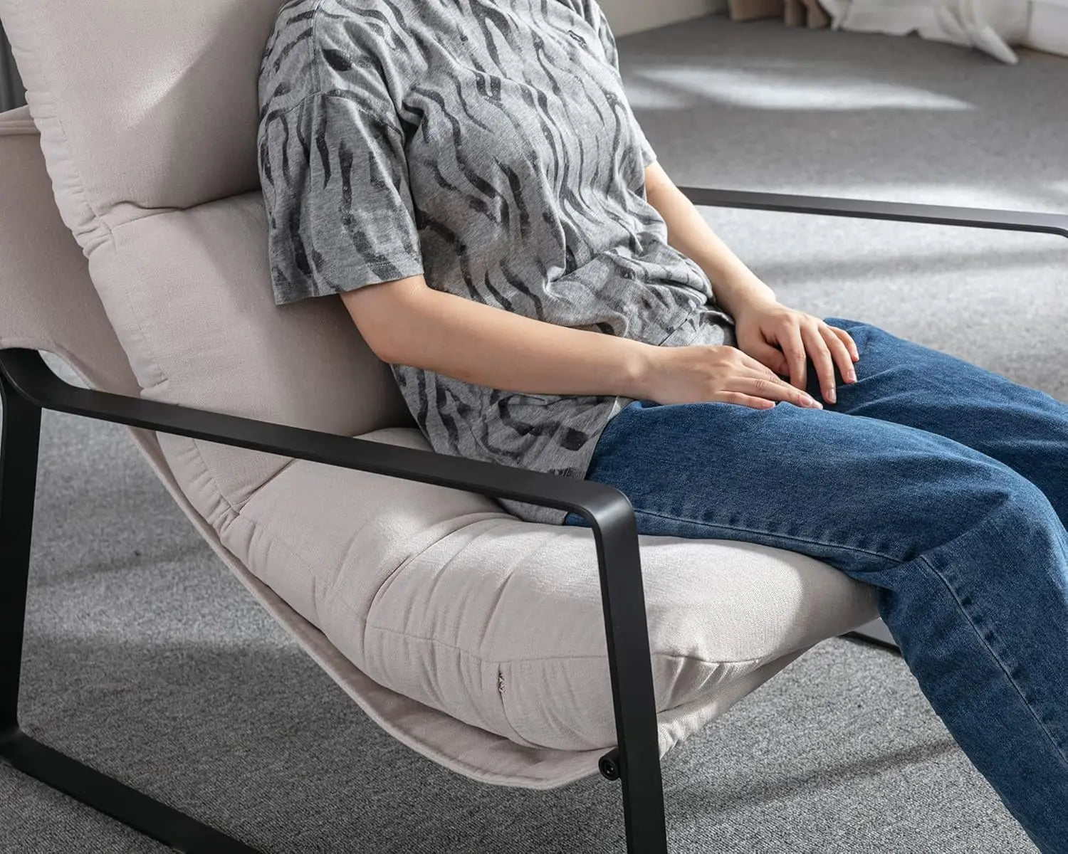 Mid-Century Accent Chair Armchair, Comfy Linen Fabric Leisure Chair Lazy Chair with Metal Leg for Living Room Bedroom Off