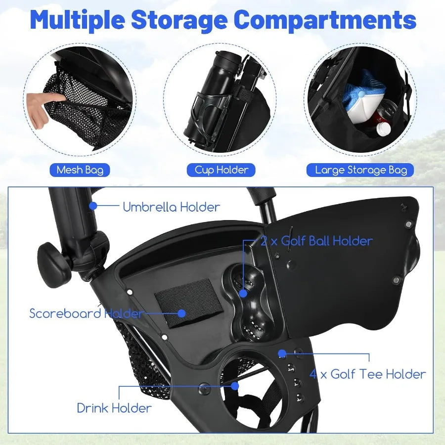 Lightweight 3-Wheel Golf Push Cart with Adjustable Seat and Handle Umbrella Holder Foot Brake Foldable Design for Easy Storage