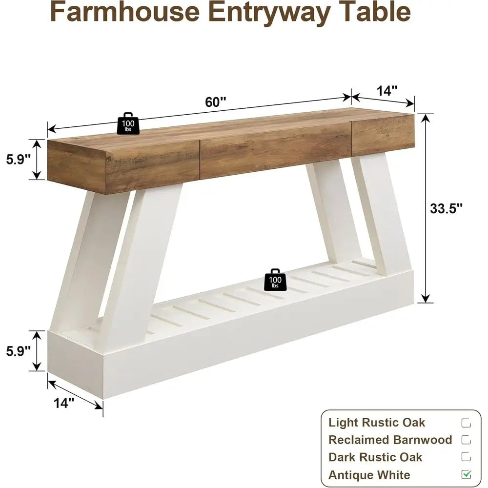 60 Antique White Armhouse Console Table for Narrow Entryways, Behind Sofa in Living Rooms and Halls