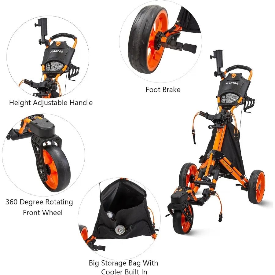 Golf Push Cart 3 Wheel with 360 Swivel Front WheelLightweight and Foldable Walking Golf CartOne-Click Foldable with Foot Brake