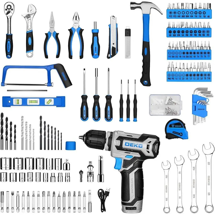 Set Tool Kit with 12V Cordless Drill, Hand Toolbox with storage case, Mechanic Tool set for Home Repairs, Blue