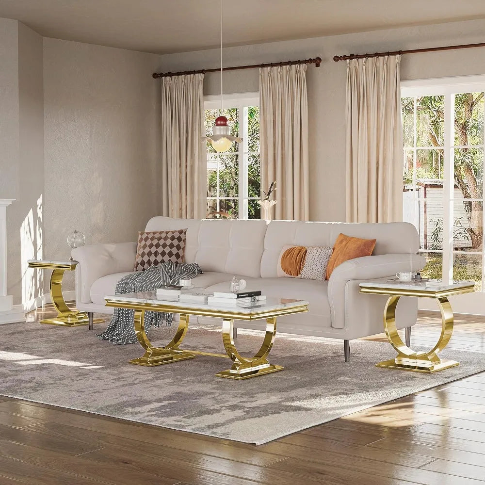 Gold Coffee Table, White and Gold Rectangle Living Room Tea Table, for Living Room, Elegant Coffee Table