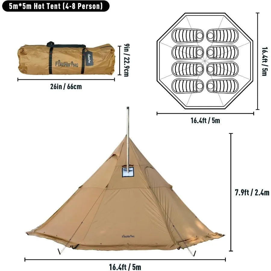 Camping Hot Tent 4-8 Person Tipi Tent with Stove Jack for Bushcraft Cooking and Heating