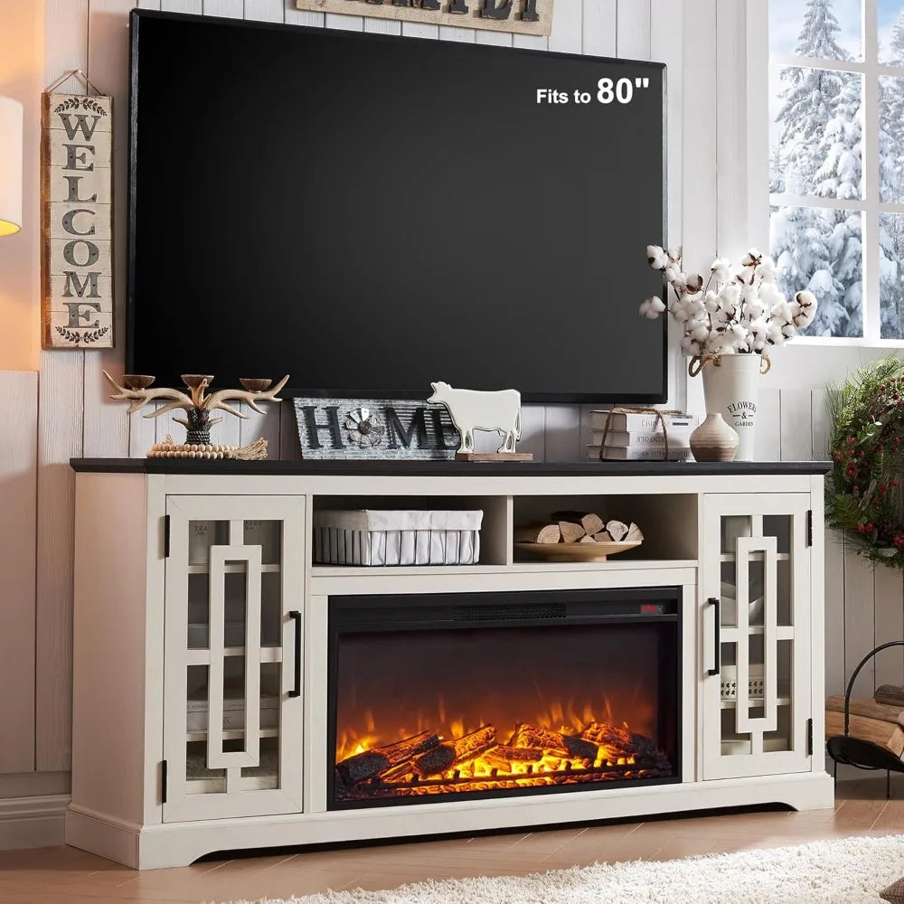 Farmhouse Fireplace TV Stand with 36" Electric Fireplace for 80 Inch TV, 32" Tall Entertainment Center, Modern Media Console, 6