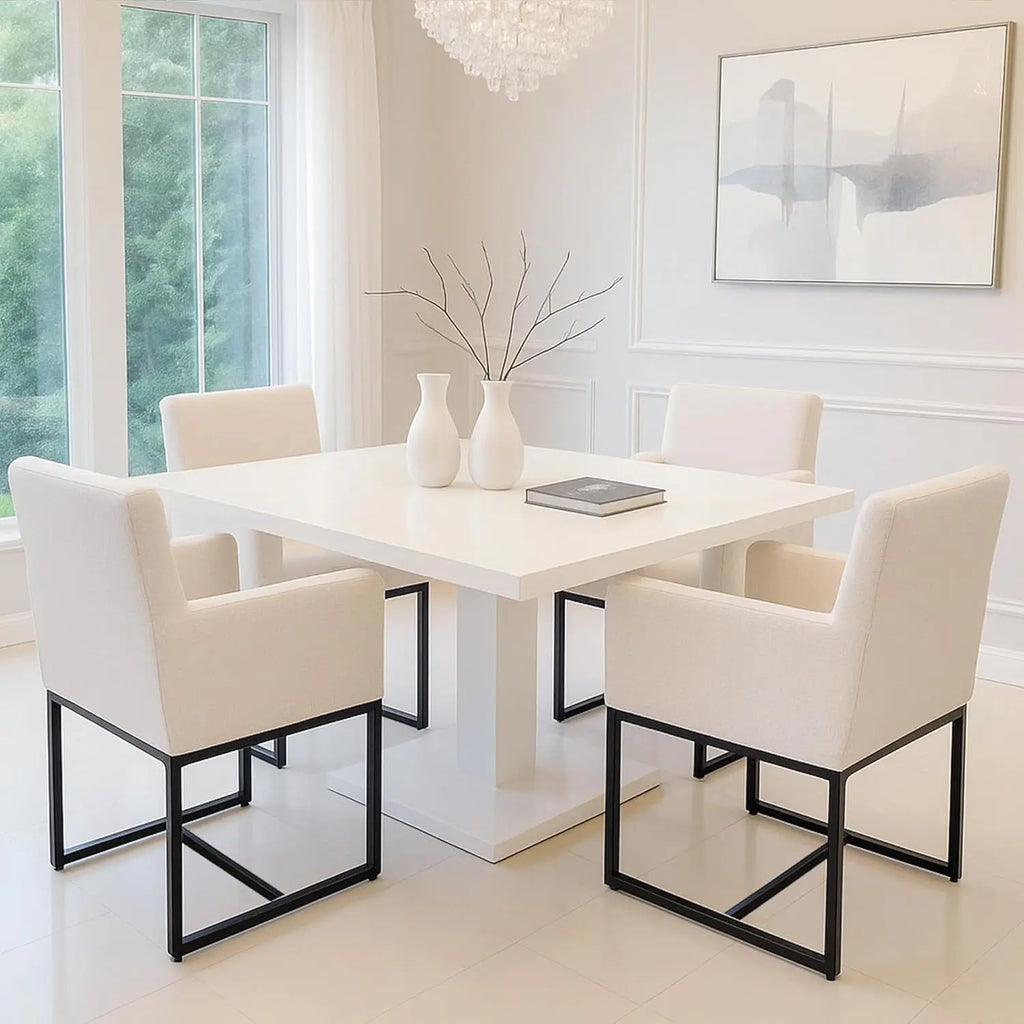 Mid Century Modern Upholstered Dining Chairs with Arms Set of 2, Linen Accent Black Finish Metal Frame, 19'' Wide Arm for Living