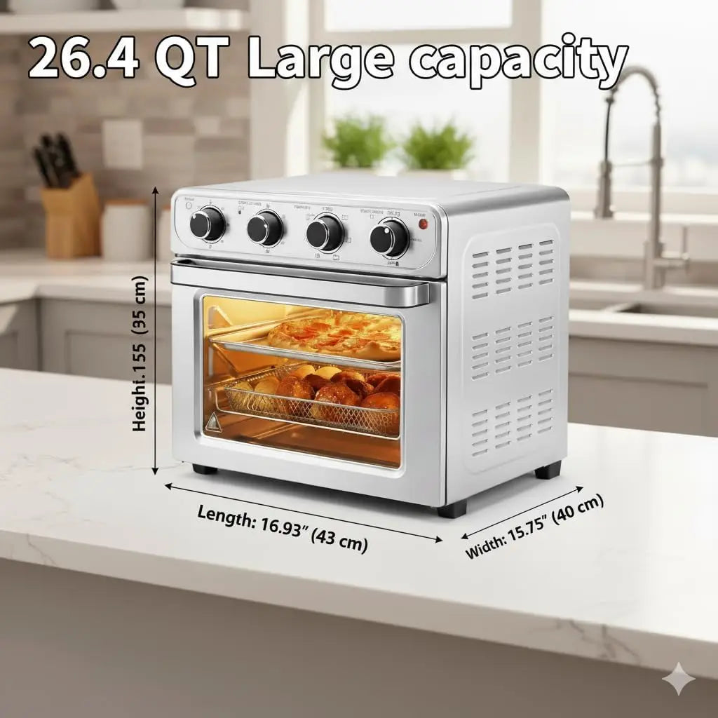 4-in-1 Air Fryer Toaster Oven Combo, 26QT Large Countertop Convection Oven with Bake, Broil, Roast & Dehydrate, Includes 12