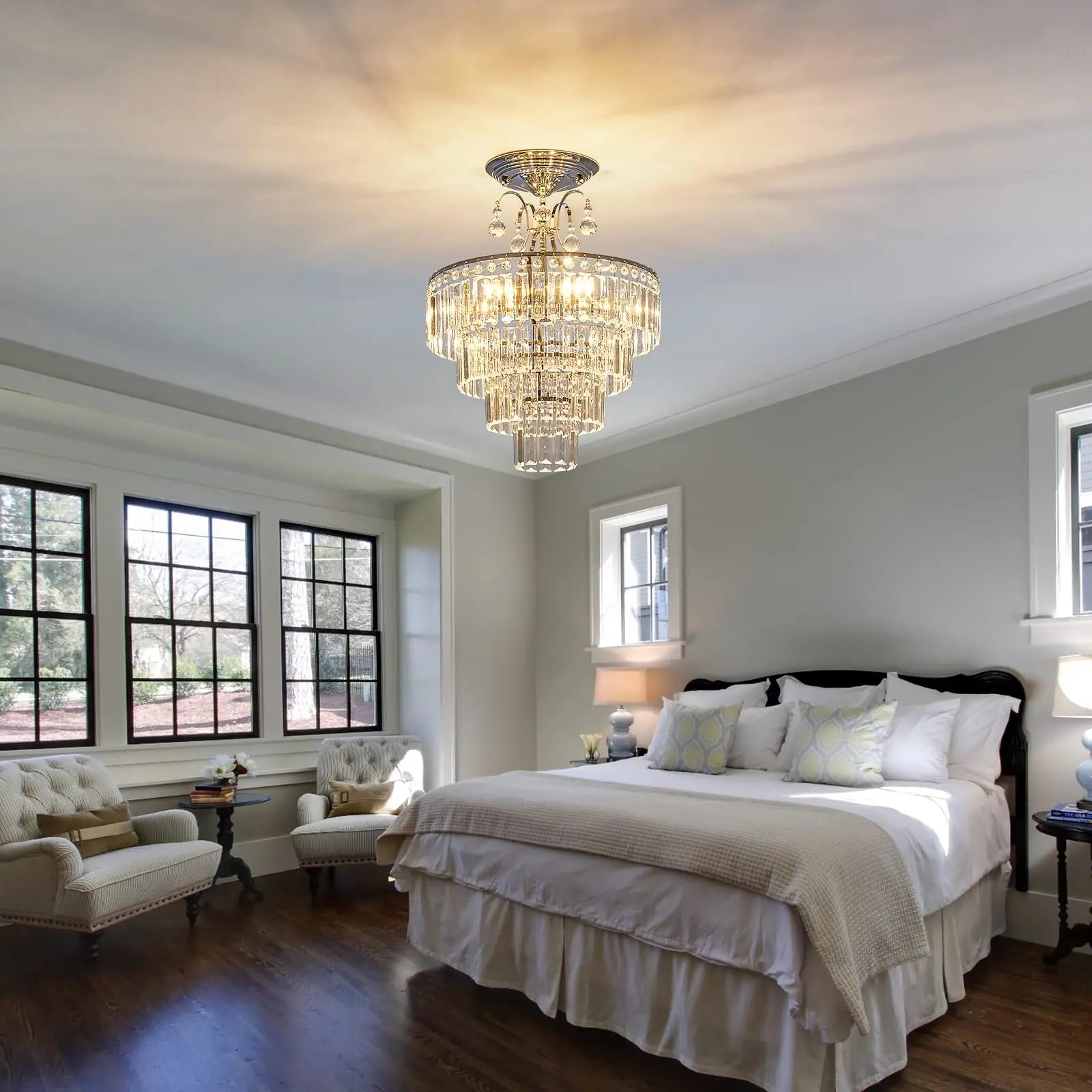 Modern Silver Crystal Ceiling Light, Dimmable K9 Crystal Ceiling Light- Living Room/Bedroom/Kitchen Island/Hallway/Dining Room