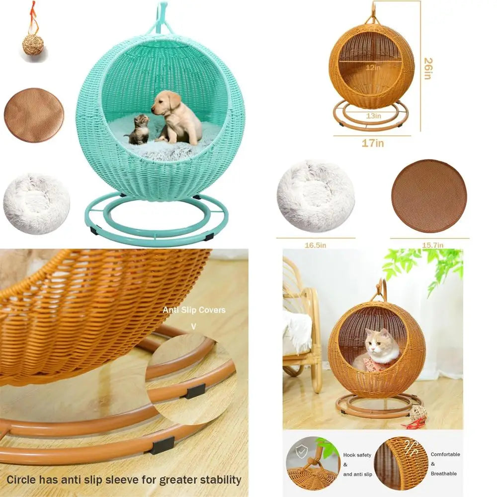 Handwoven Hanging Cat Hammock with Removable Cushion for Patio, Outdoor Pet Cat Bedding, Hanging Kitten Bed Green