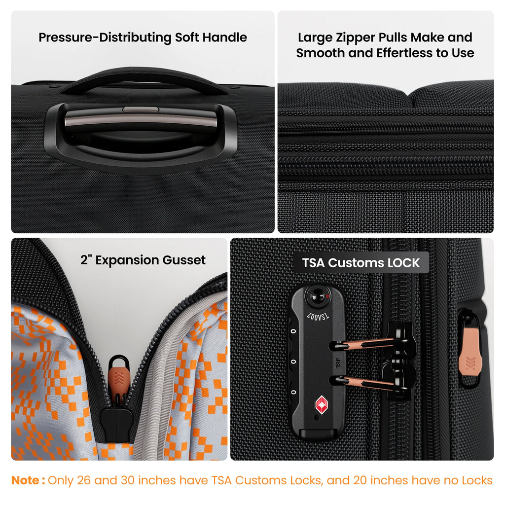 3 Piece Set Softside Luggage Upright Spinner Softshell Lightweight Suitcase Travel Set (26in/30in with 2" Expansion Gusset)
