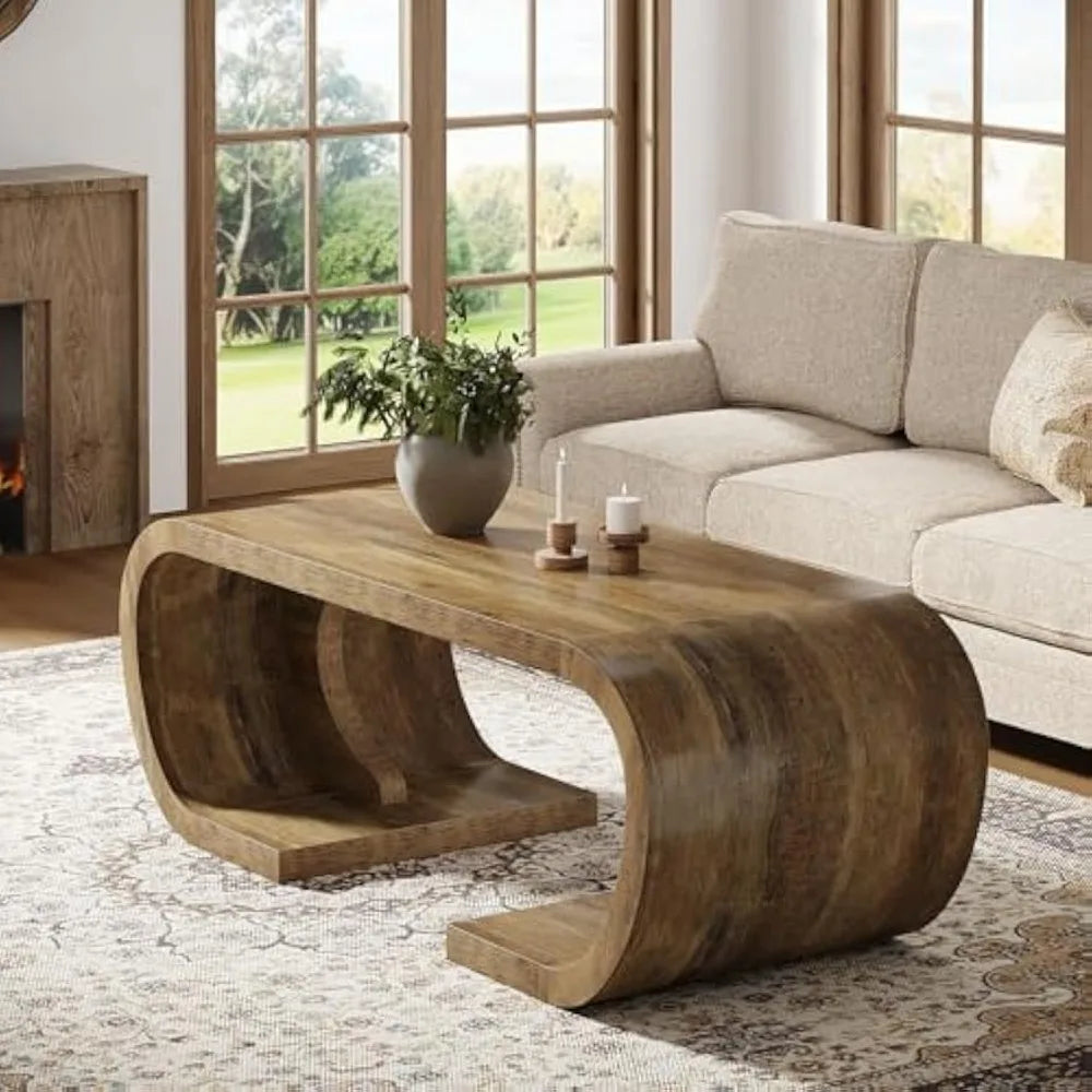 Farmhouse Coffee Table, 47" Heavy Duty C-Shaped Center Table with Curved Base, Large Tea Table for Living Room, Entertainment R