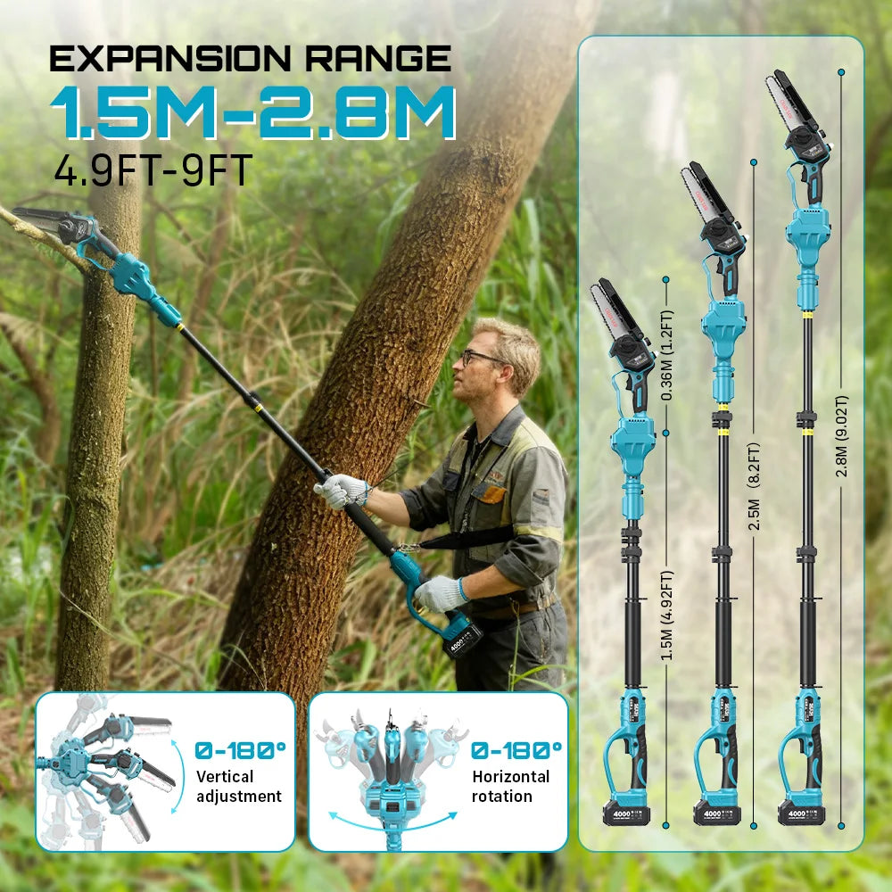Seesii 3-in-1 6'' Electric High Branch Saw Brushless Chainsaw w/2.4m Extension Telescopic Rod Wood Cutter Pruning Garden Tools