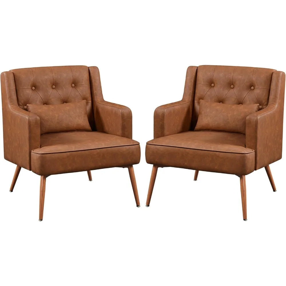 Yaheetech Accent Chair, Living Room Chair Mid Century PU Leather Armchair Lumbar Pillow, Comfy Upholstered Reading Chair Wood Le