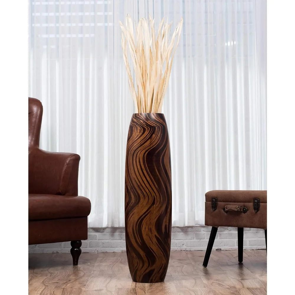 Large Brown Wooden Floor Vase - 34 Inch Tall for Home Decor, Farmhouse Style, Ideal for Fake Plants and Pampas Grass