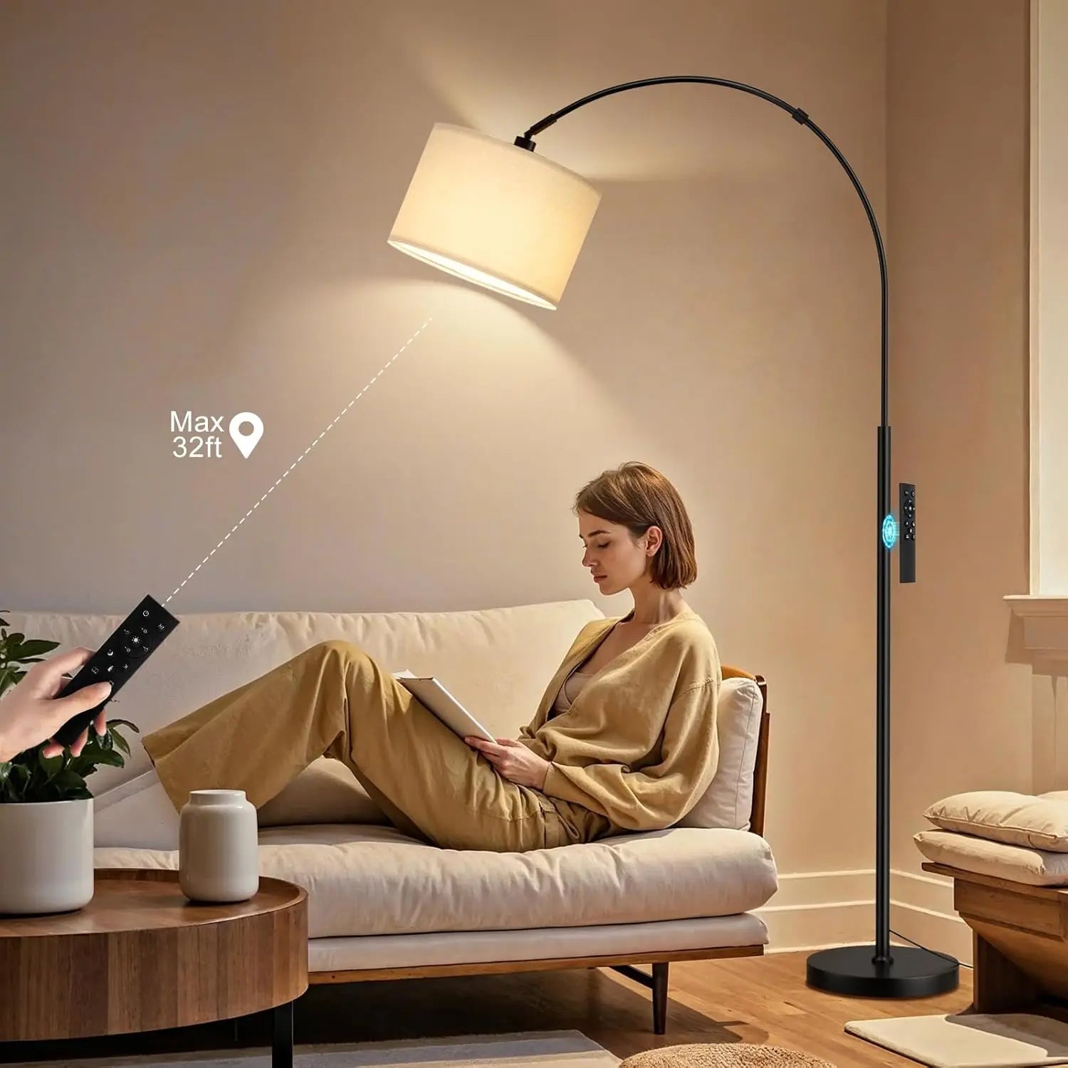 70" Dimmable Arc Floor Lamp with Remote, Adjustable Color & Brightness, Rotating Head for Living Room