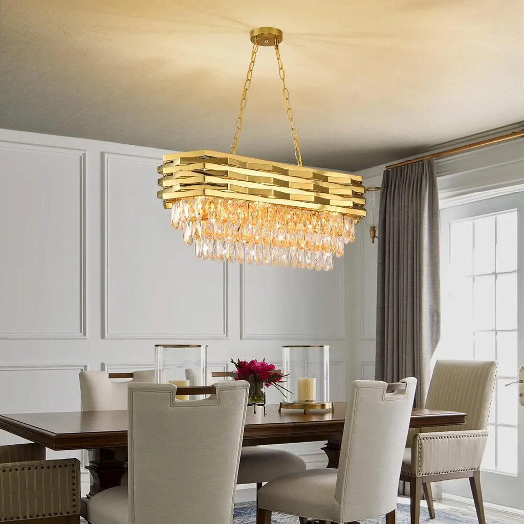 Modern Gold Crystal Chandelier,Oval Semi-Flush Mount Linear 3-Tier K9 Crystal Chandelier- dining room/kitchen island/living room