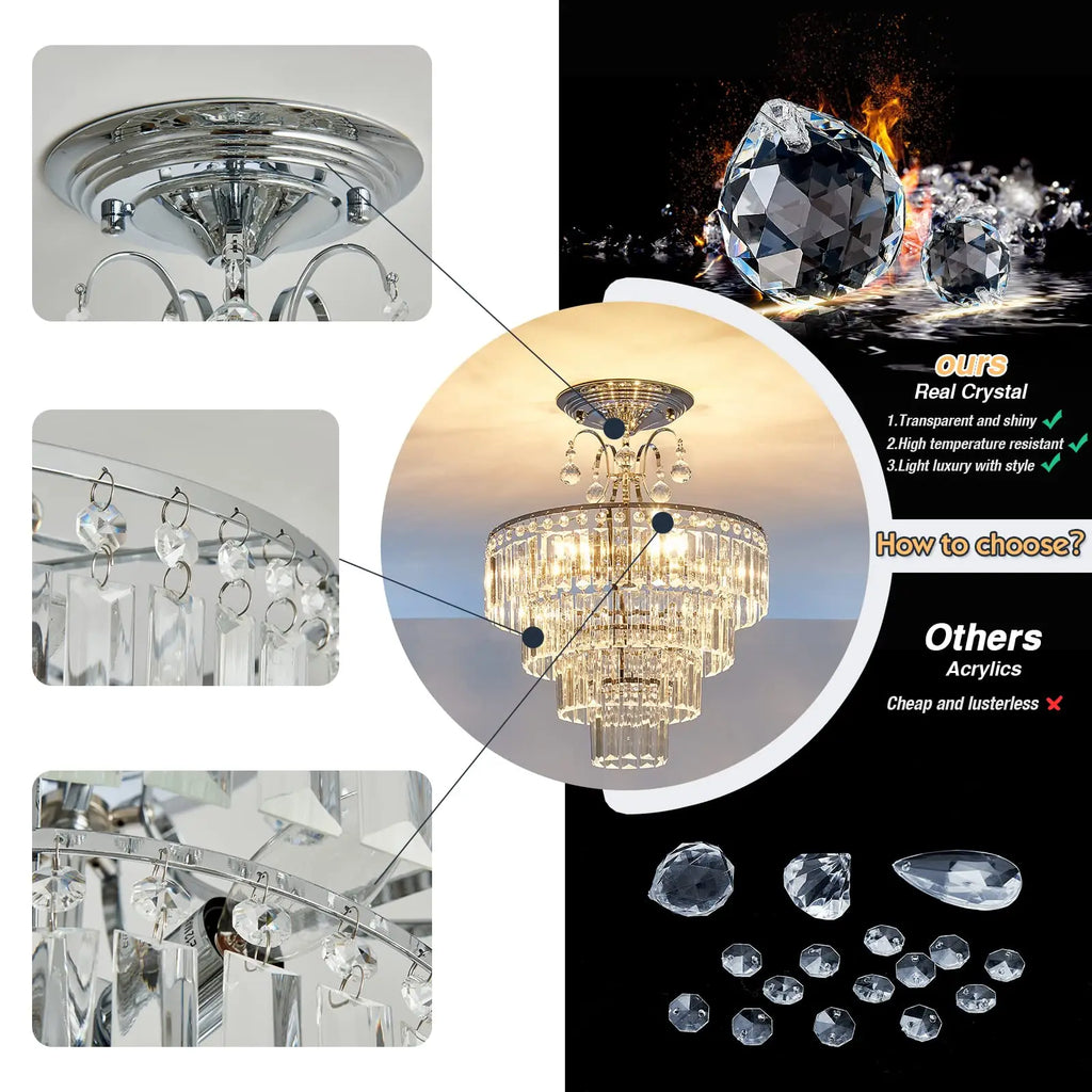 Modern Silver Crystal Ceiling Light, Dimmable K9 Crystal Ceiling Light- Living Room/Bedroom/Kitchen Island/Hallway/Dining Room