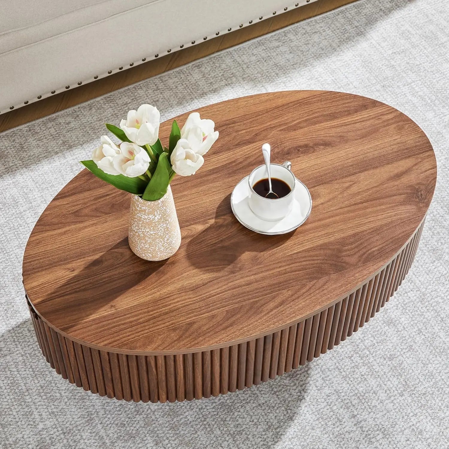 Oval Coffee Table with Hidden Storage, 31.5 Inch Wide Modern Coffee Table, Center Table with Fluted Veneered,, Customized