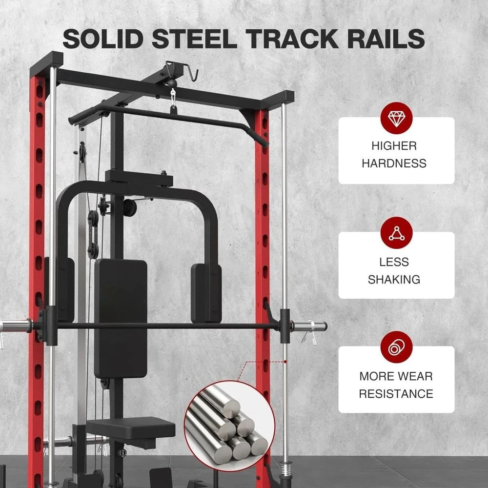 Compact Power Cage with Pulley System for Full-Body Strength Training, Home Gym Squat Rack with PEC Station and Optional Fixed