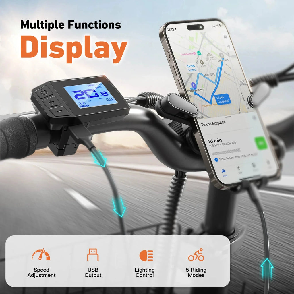 QRONGE Mirage Electric Bike 1000W Peak Folding E-bike 486Wh 70 Miles Range 7 Speed 25 MPH Max Electric Bicycle With Front Basket