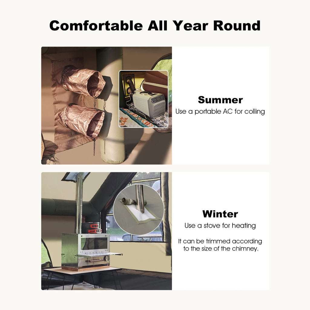 Army Green Waterproof Windproof Inflatable Tent for Camping,4 Season Air Glamping Tent House with Chimney Opening,AC Vent