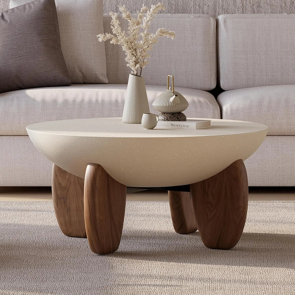 Round Concrete Coffee Table with Premium Walnut Ash Wood Legs, Modern Minimalist Cement Finish Center Table for, Customized