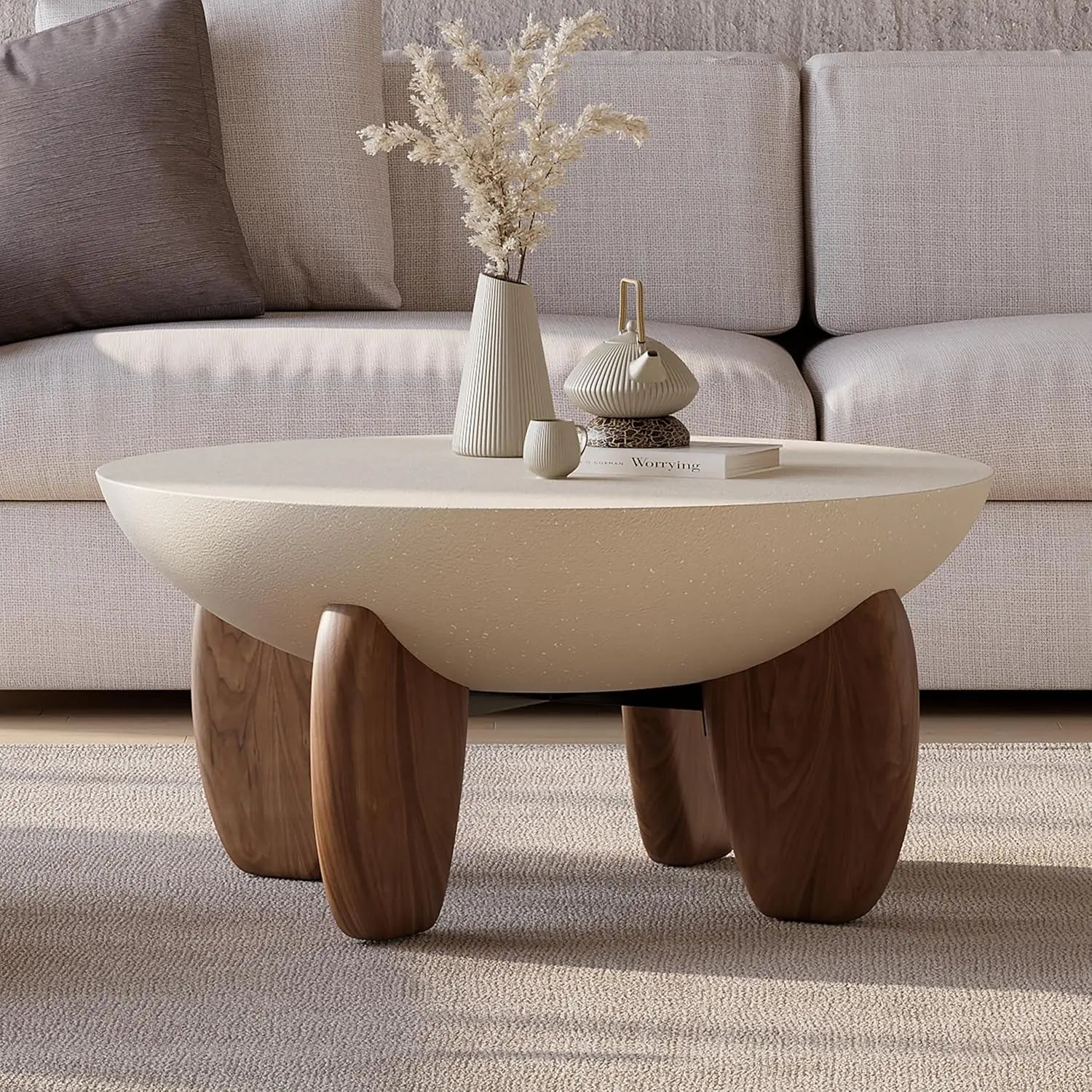 Round Concrete Coffee Table with Premium Walnut Ash Wood Legs, Modern Minimalist Cement Finish Center Table for, Customized