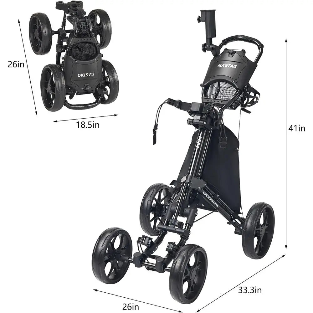 Push Cart 4-Wheels, Folding Golf Cart, Golf Pull Cart with Cup Holder, Umbrella Holder, Cooler Bag, Foldable with one-Click, Han