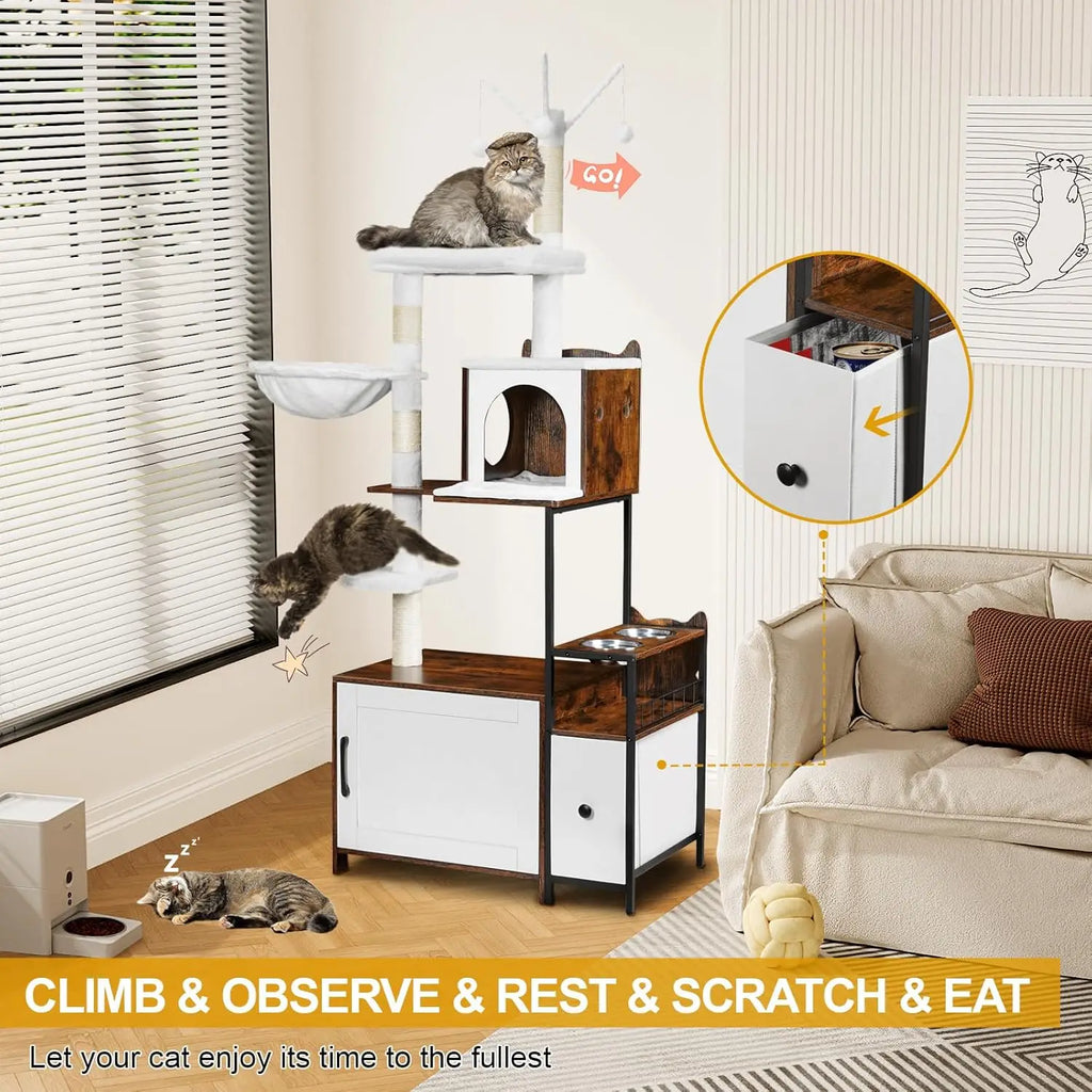 3-in-1 Cat Tree with Hidden Litter Box, 67-inch Tall Cat Tower for Indoor Cats, Includes Condo and Feeding Station