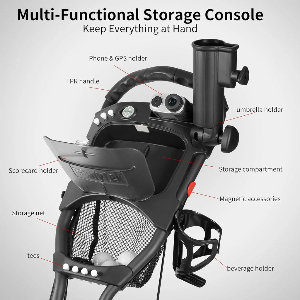 Lightweight 3-Wheel Foldable Golf Push Cart with One-Click Folding, 360° Swivel Front Wheel, Adjustable Handle & Accessories