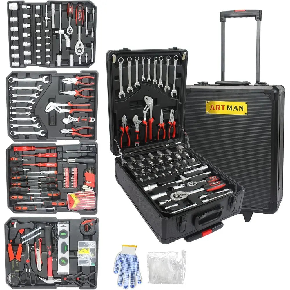 Tool Set, Household Tool Kit with Rolling Tool Box, Complete Tool Box Set Hand Tool Set with Tool Box, Mechanic Tool Set Rolling