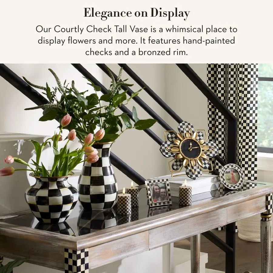 Tall Enamel Vase, Unique Flower Vase, Decorative Table Decor for Living Room, BlackandWhite Courtly Check
