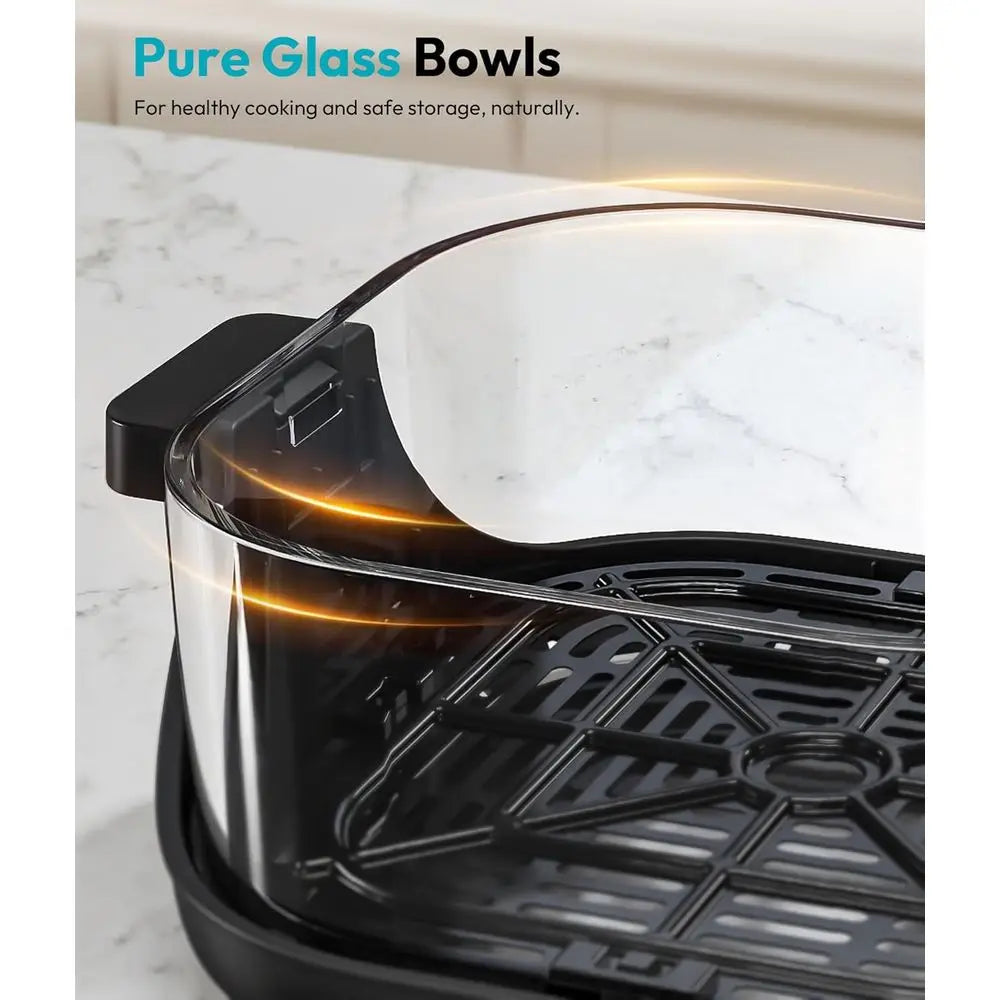 Portable Glass Air Fryer - 1500W, 4.2 QT & 6-Cup Dual Glass Containers, 4-in-1, 60 Min Timer, 140°-400° Adjustable, Microwave, F