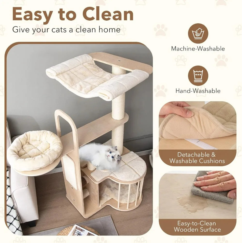 Wood Cat Tree for Indoor Cats, 55 Inch Multi-Level Cat Tower Activity Center with Hammock, Cat Condo, Sisal Scratching Posts