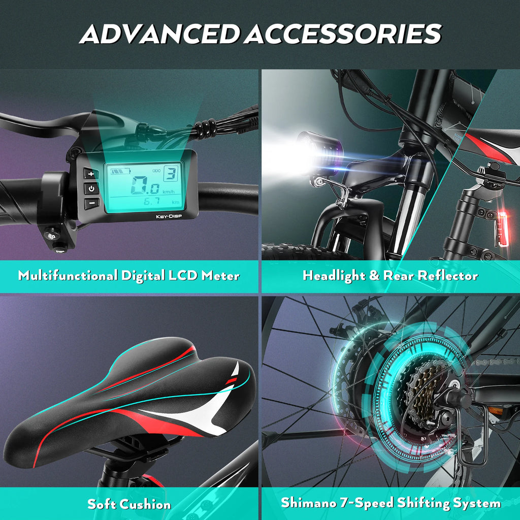 Vivi F26FUL 26" x 4.0 Fat Tire Electric Bike with 500W Motor, 48V 13Ah Removable Battery, 7 Speed, 25MPH, Cruise Control